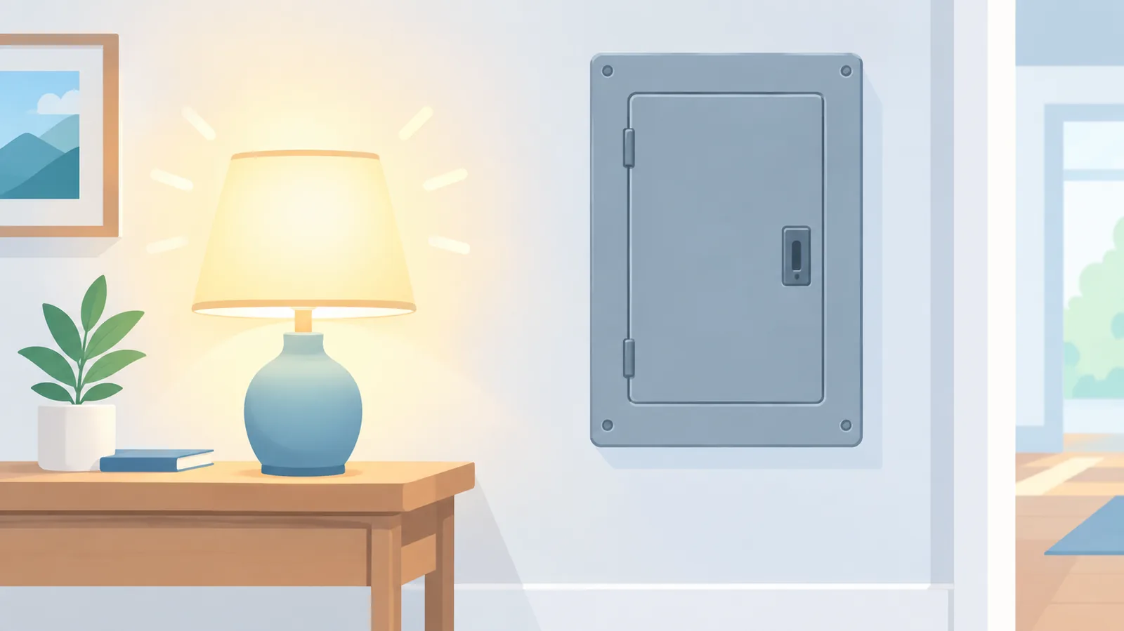 Lampă aprinsă lângă ușa tabloului electric