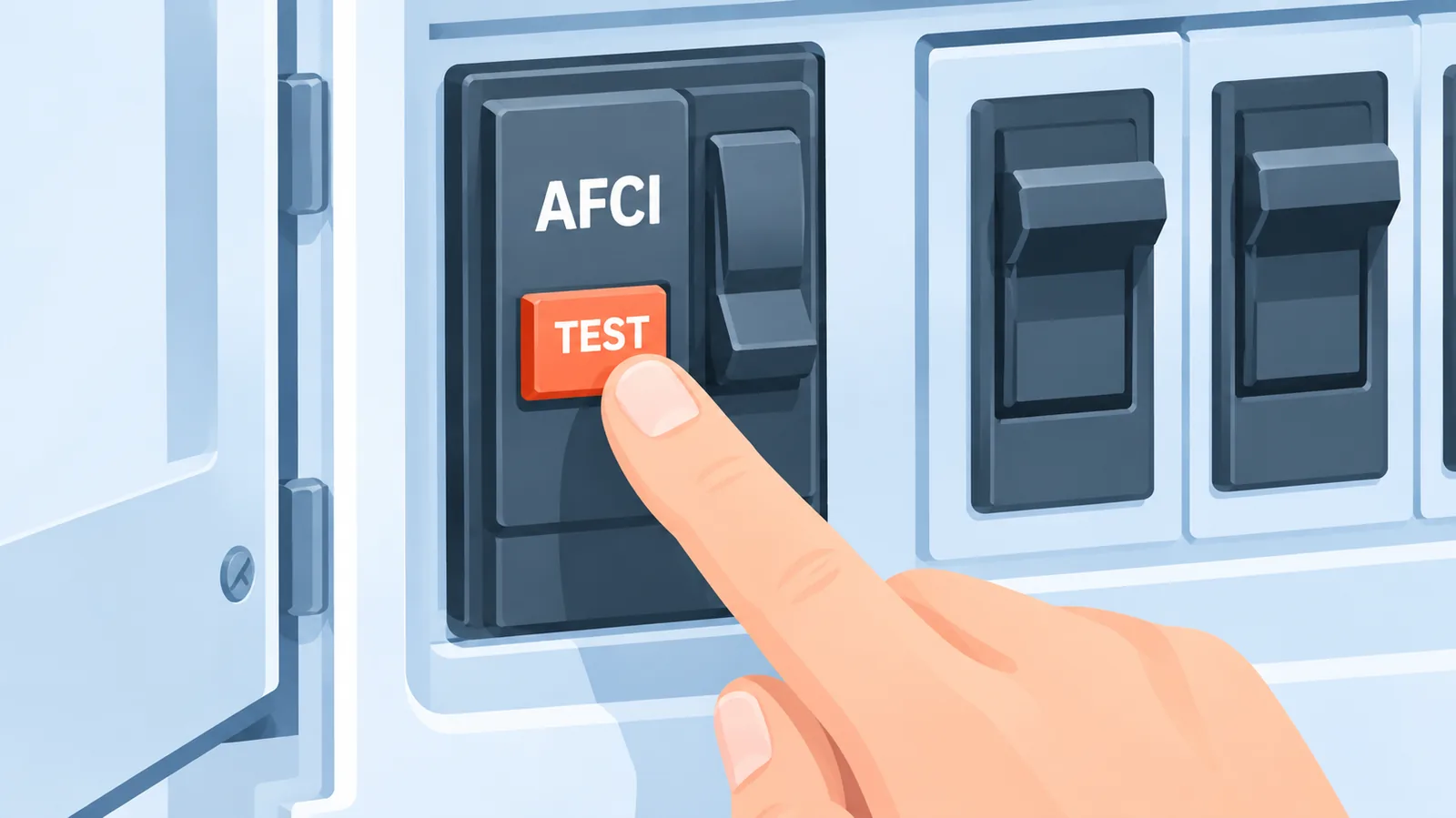 Deget care apasă butonul TEST de pe un disjunctor AFCI