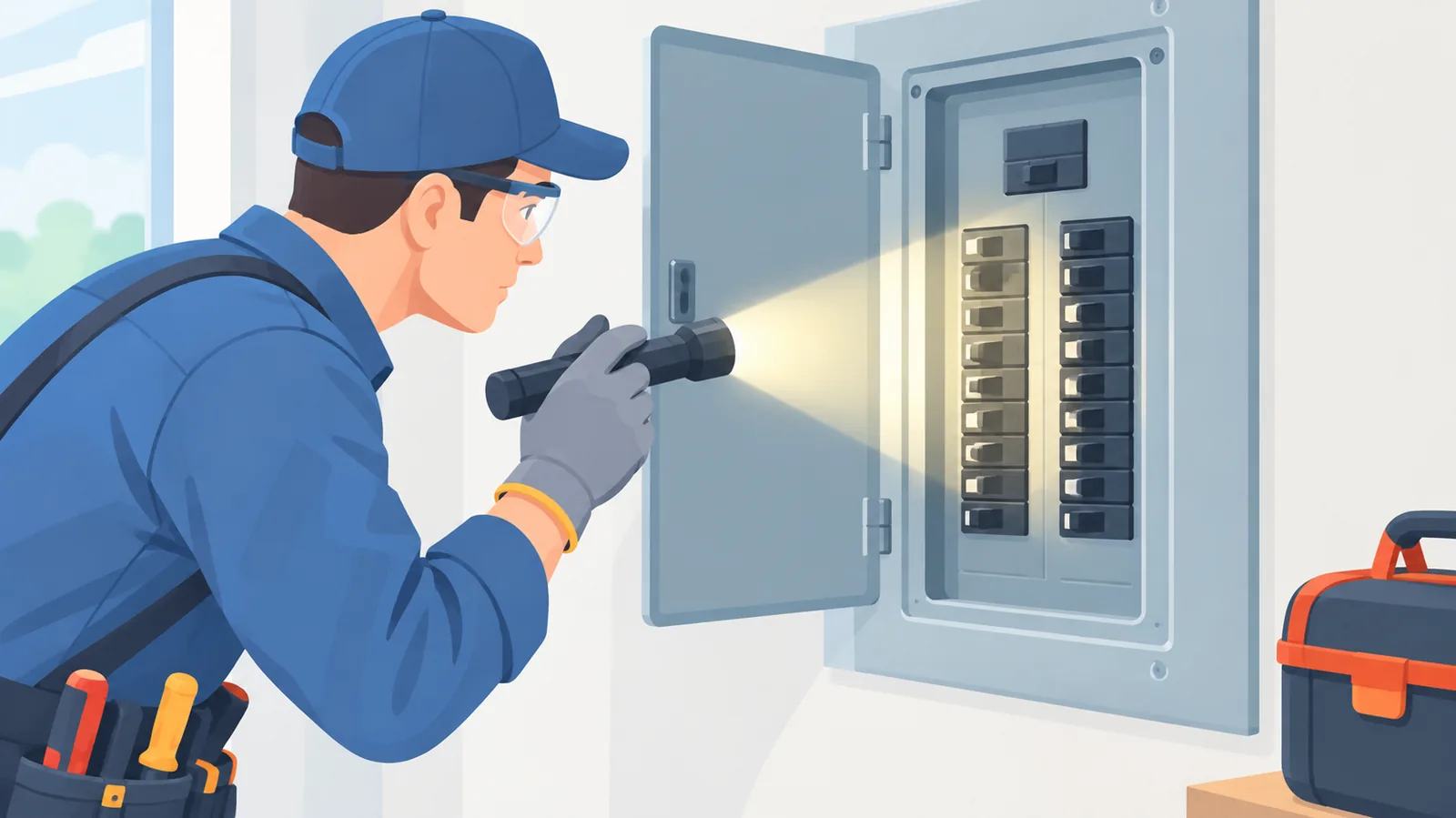 Electrician autorizat care inspectează un tablou electric