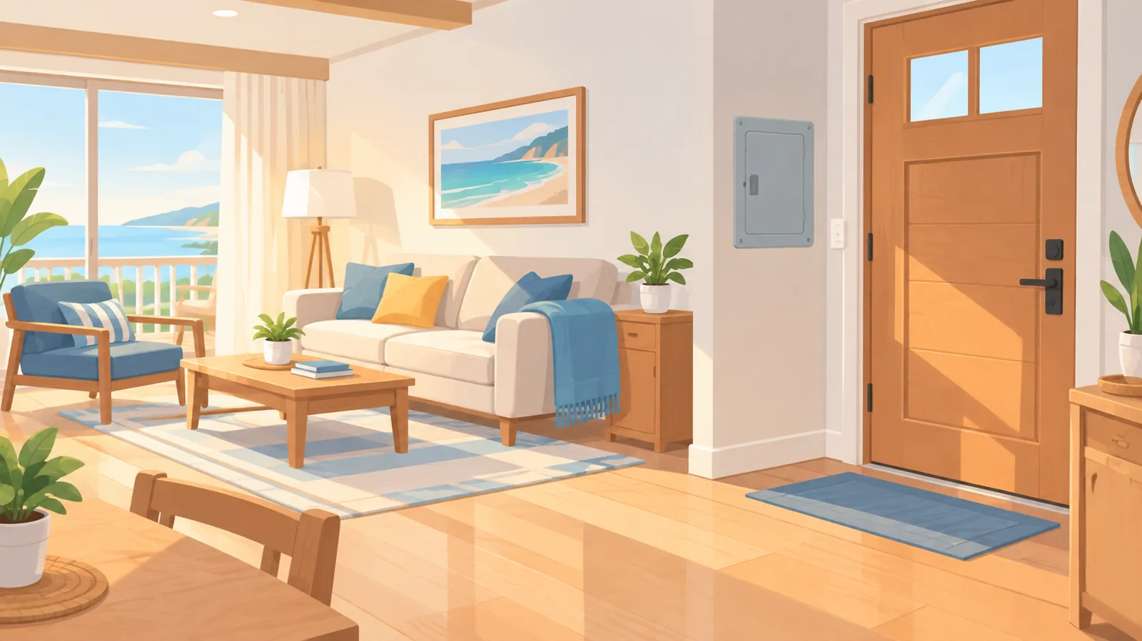 Living de cazare de vacanță cu tablou electric lângă intrare