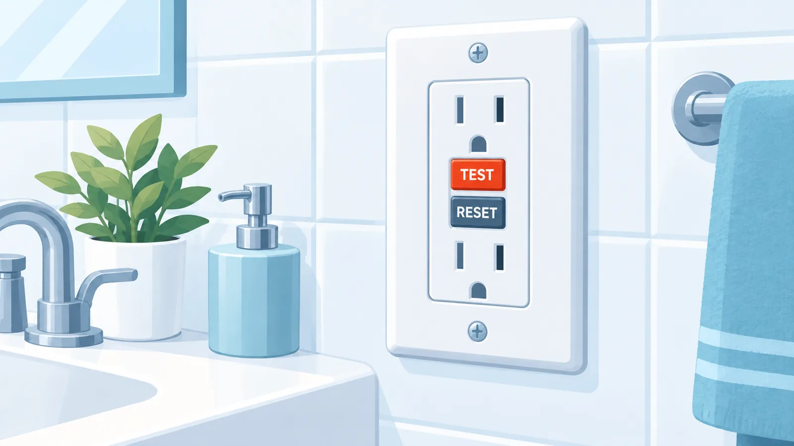 Priză GFCI cu butoanele TEST și RESET într-o baie