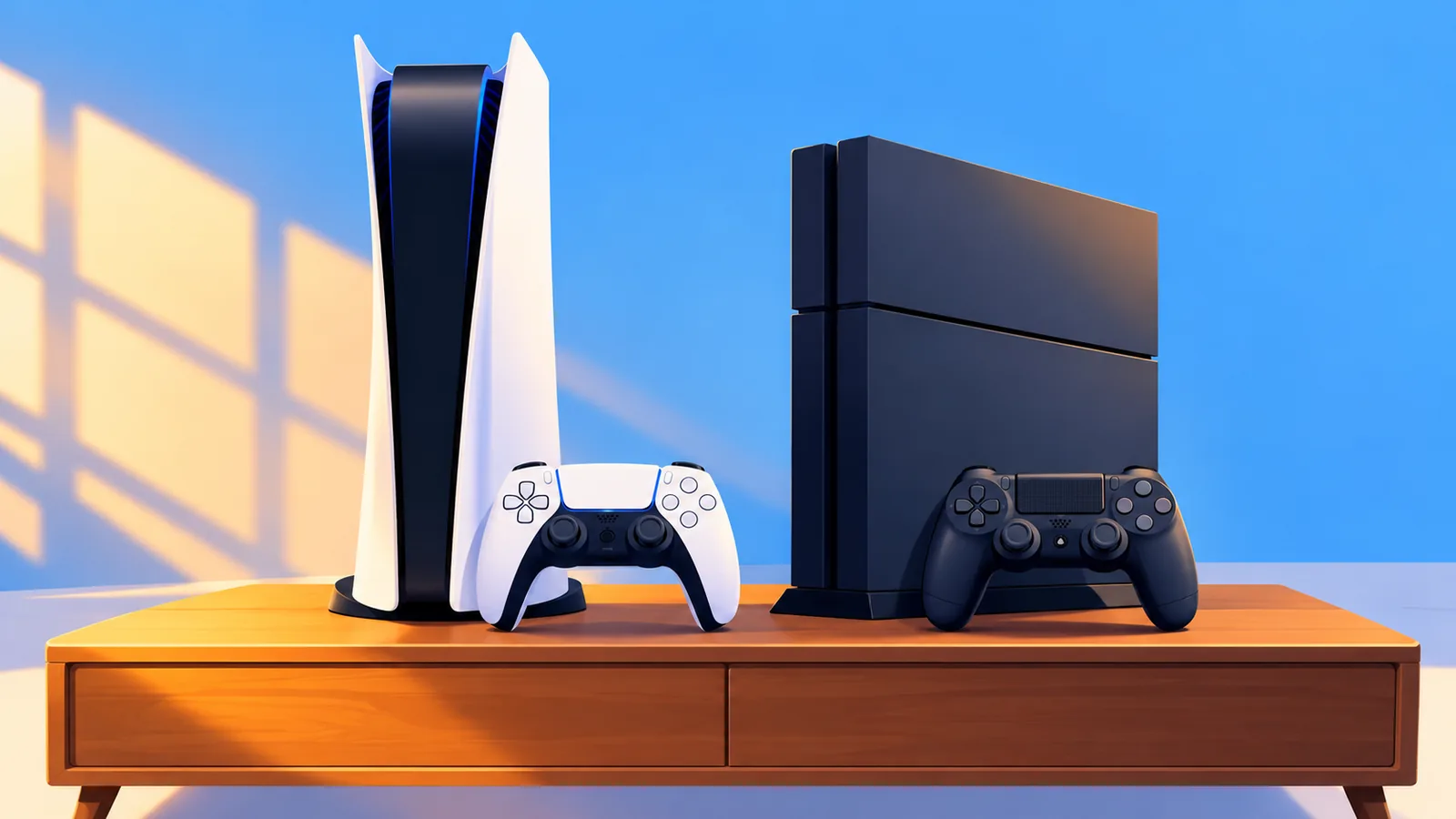 PS5 и PS4 рядом на тумбе в гостиной