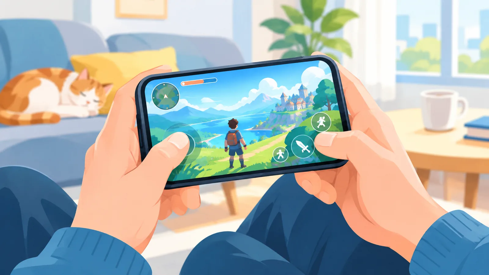 Игрок держит iPhone и играет в облачную игру