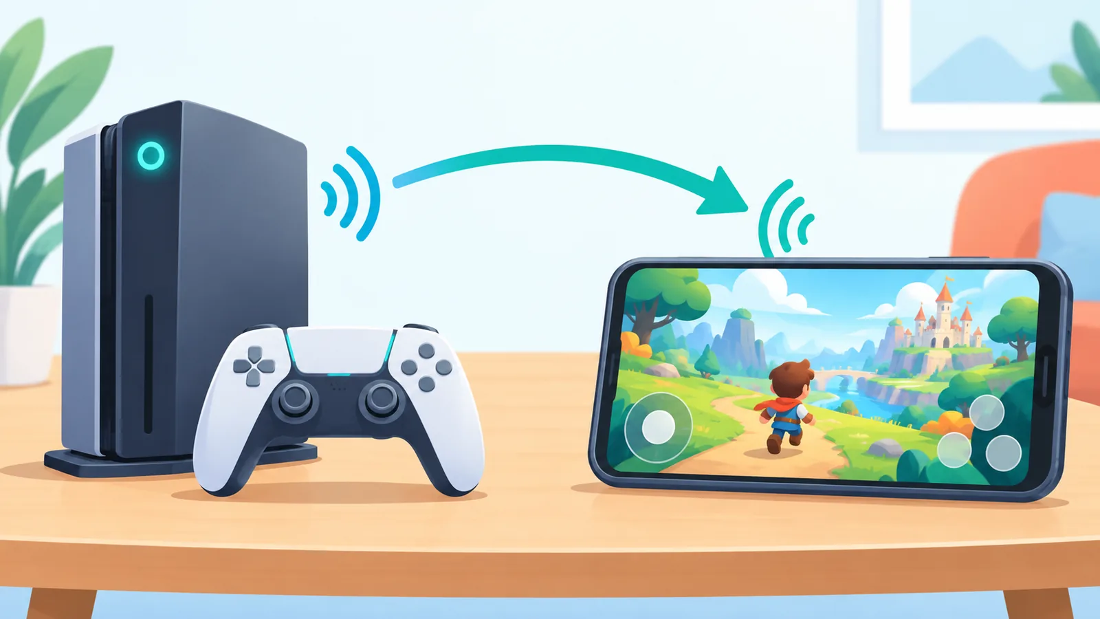 Игровая консоль и смартфон с потоковой игрой рядом
