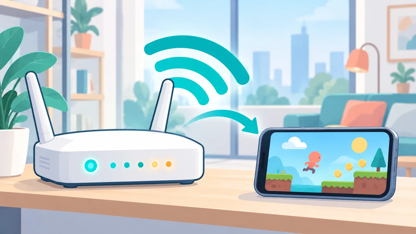 Wi-Fi роутер рядом со смартфоном с запущенной игрой