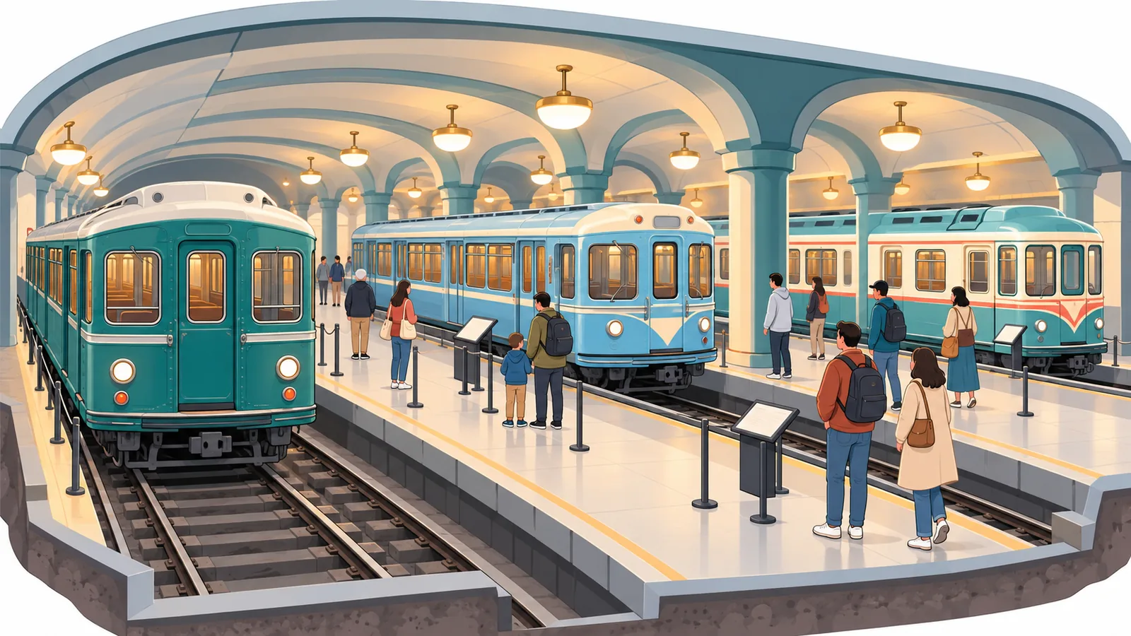 Старые вагоны метро на платформе музея транспорта в Бруклине