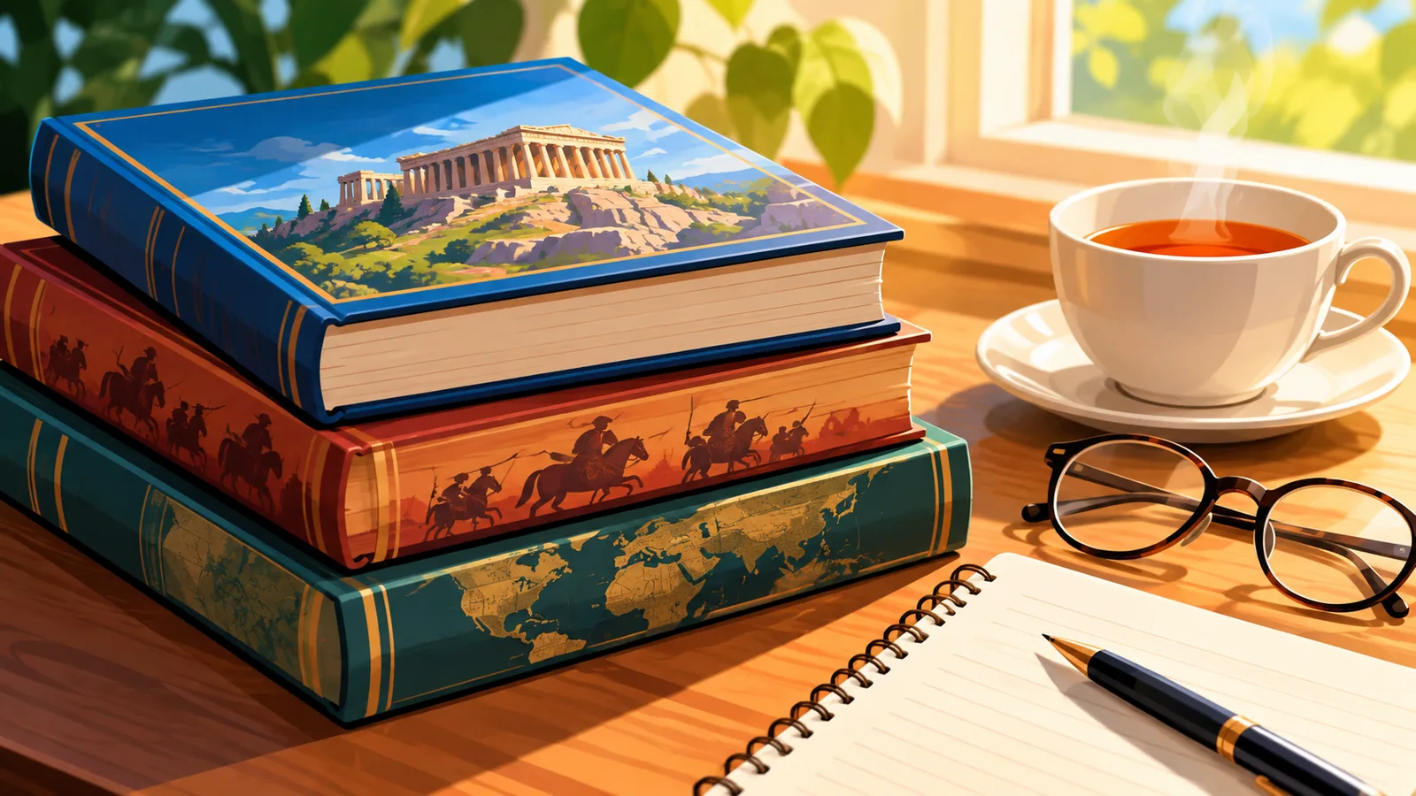 Стопка исторических книг на деревянном столе рядом с блокнотом и очками