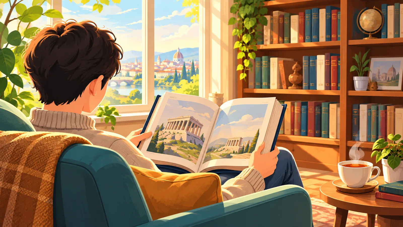Читатель с книгой в кресле у окна