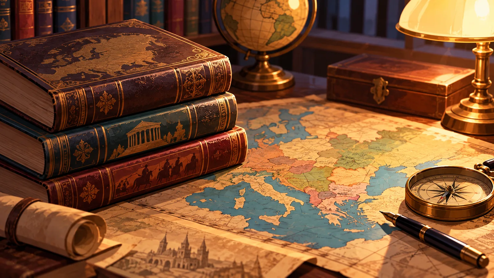 Старинные книги и карта на тёмном деревянном столе