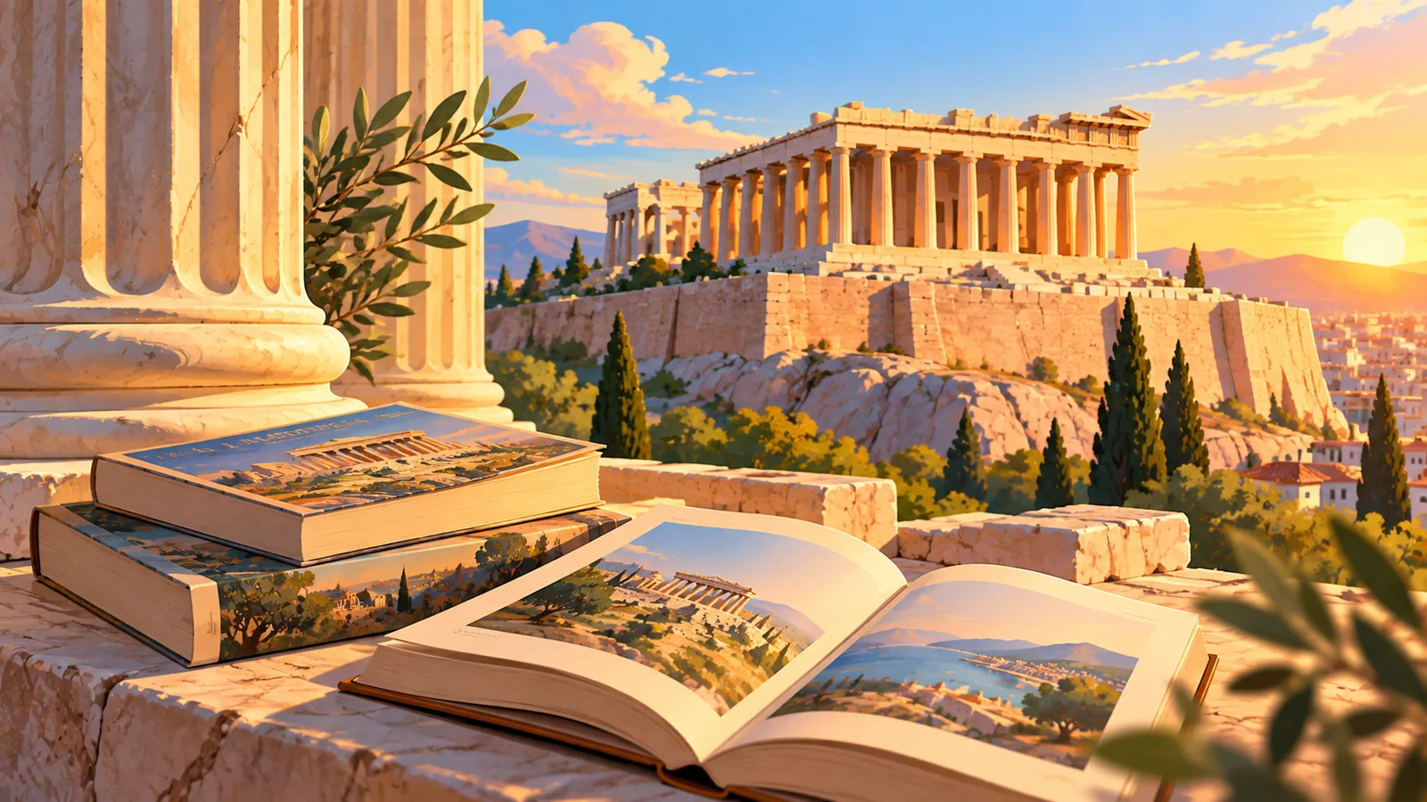 Колонны античного храма на закате и книги на каменном выступе