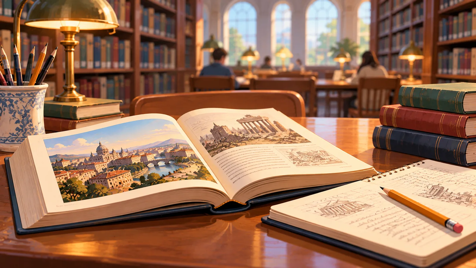 Открытая книга с рукописными заметками на столе в библиотеке
