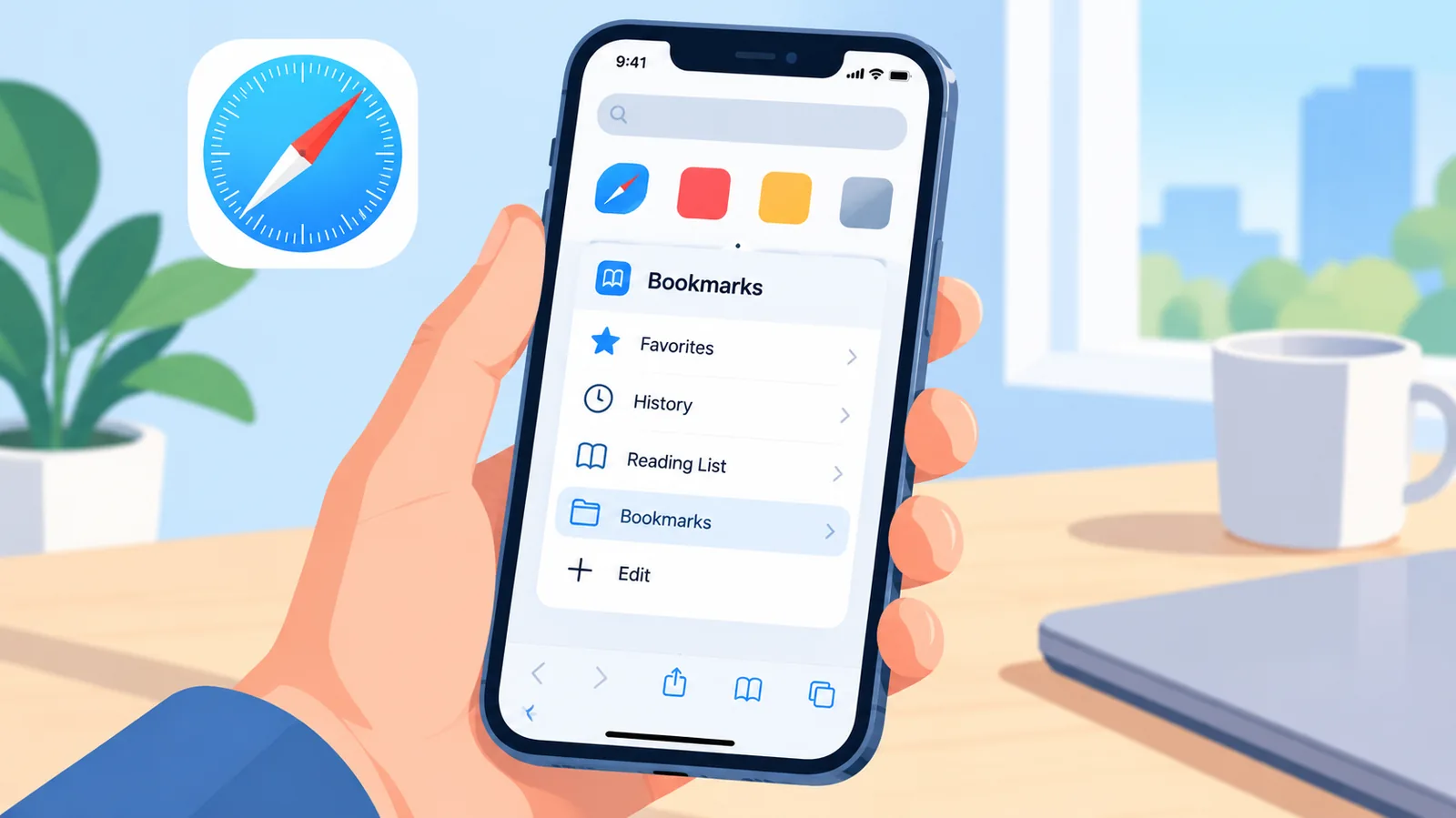 iPhone с открытым меню закладок в Safari