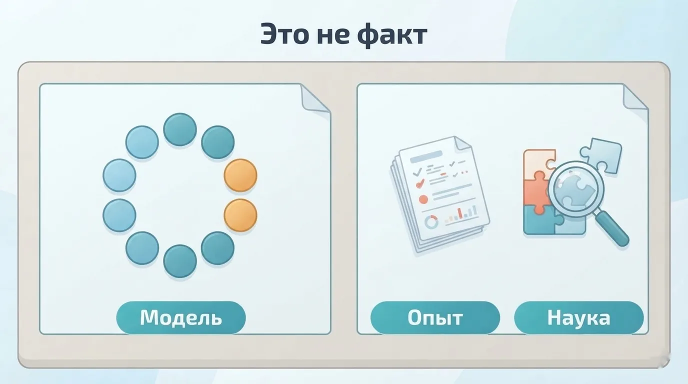 Правила модели эннеаграммы отделены от личного опыта и научной проверки; незавершённая мозаика обозначает огра