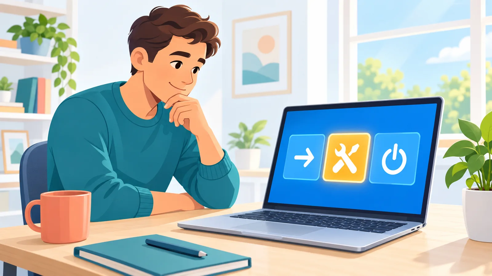 Пользователь изучает варианты восстановления Windows на ноутбуке