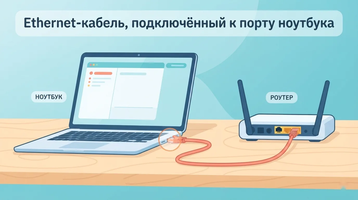 Ethernet-кабель подключён к ноутбуку рядом с роутером