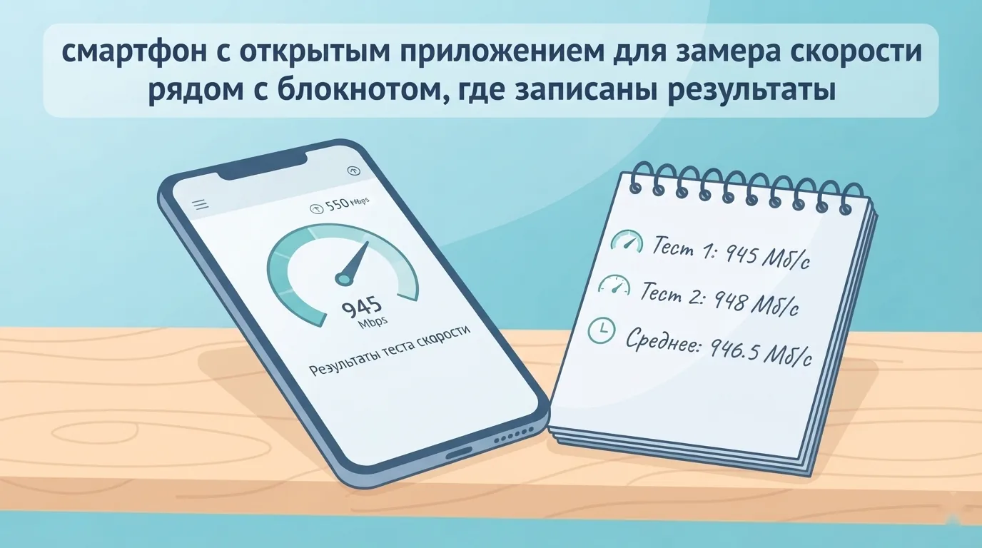 Смартфон с замером скорости и блокнот с записанными результатами