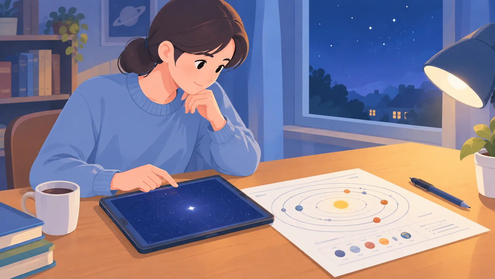 คนเปรียบเทียบภาพท้องฟ้ากับแผนภูมิวงโคจรดาวเคราะห์