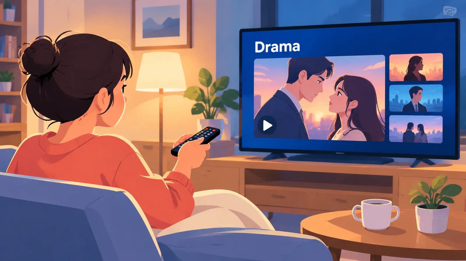 คนนั่งดูซีรีส์บนโซฟาในห้องนั่งเล่นตอนเย็น