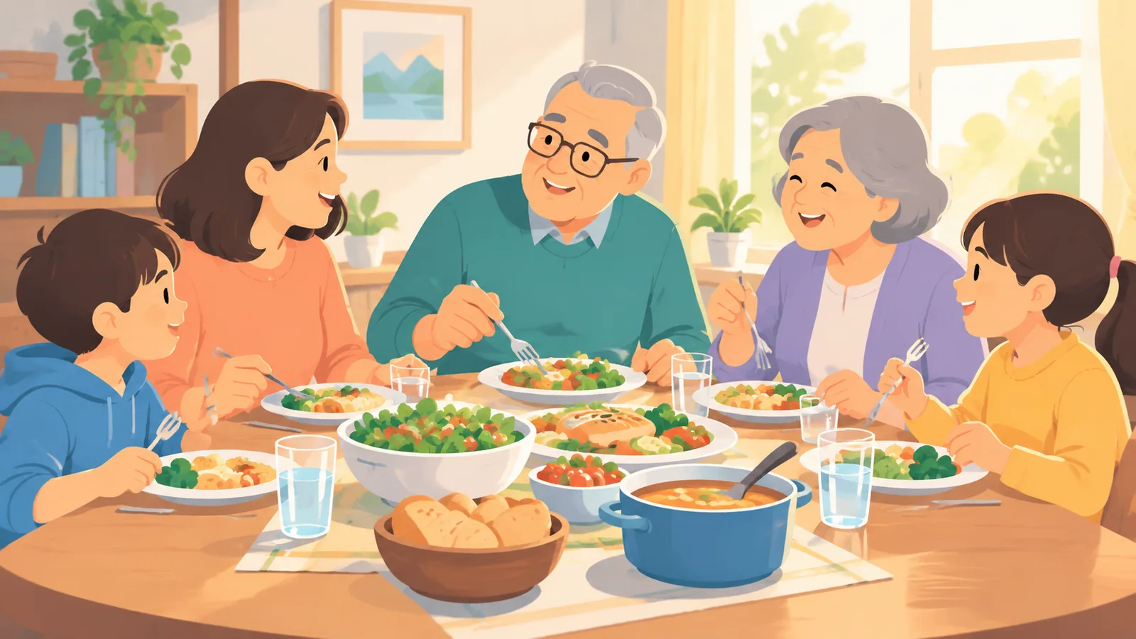 ครอบครัวนั่งทานข้าวร่วมกันที่โต๊ะอาหารในบ้าน