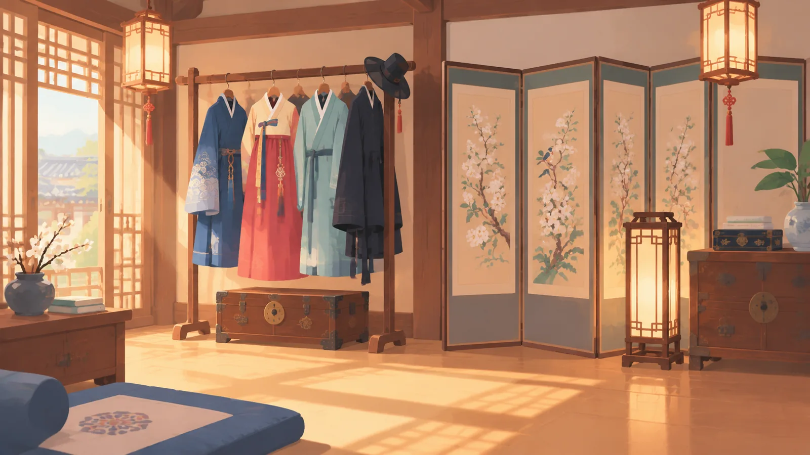 ห้องเก่าสไตล์ย้อนยุคมีเครื่องแต่งกายโบราณแขวนอยู่