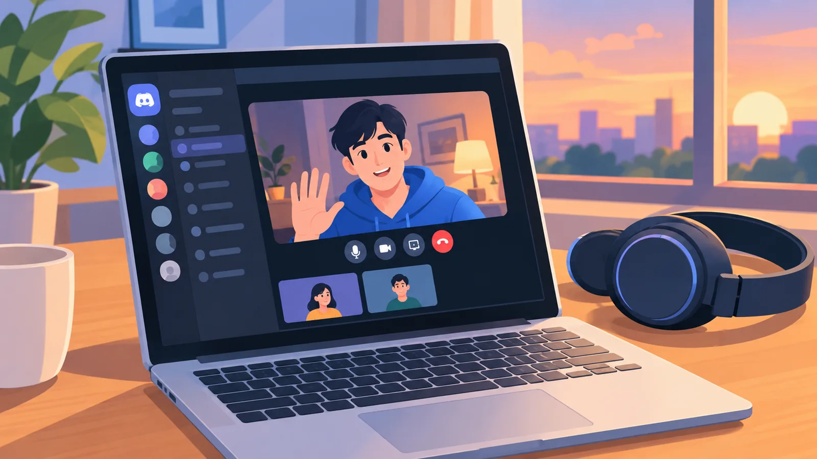 แล็ปท็อปแสดงหน้าต่าง Discord ที่ภาพวิดีโอเป็นสีดำ มีหูฟังวางอยู่ข้างๆ
