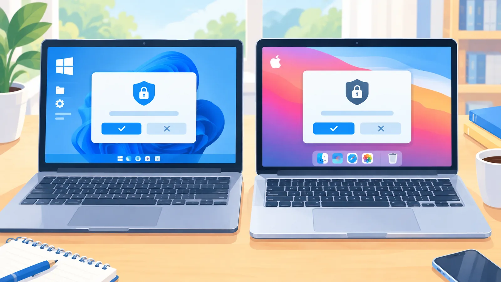 แล็ปท็อป Windows และ Mac บนโต๊ะพร้อมหน้าต่างขอสิทธิ์ของแอป