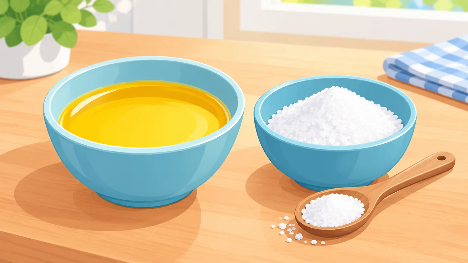 ชามเนยใสและเกลือป่นละเอียดวางคู่กันบนเคาน์เตอร์