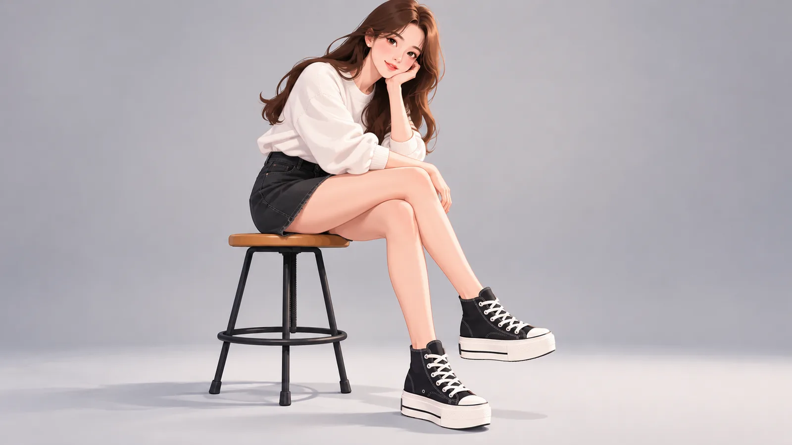 ผู้หญิงใส่สนีกเกอร์แคนวาสพื้นแพลตฟอร์มหุ้มข้อกับกระโปรงสั้น