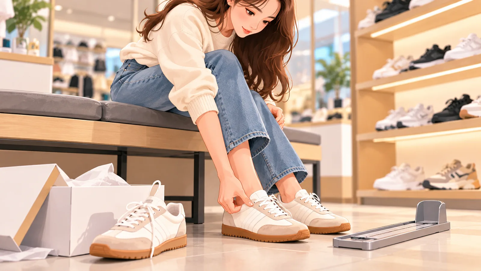 ผู้หญิงลองสนีกเกอร์ในร้านและกดเช็กพื้นที่ปลายเท้า