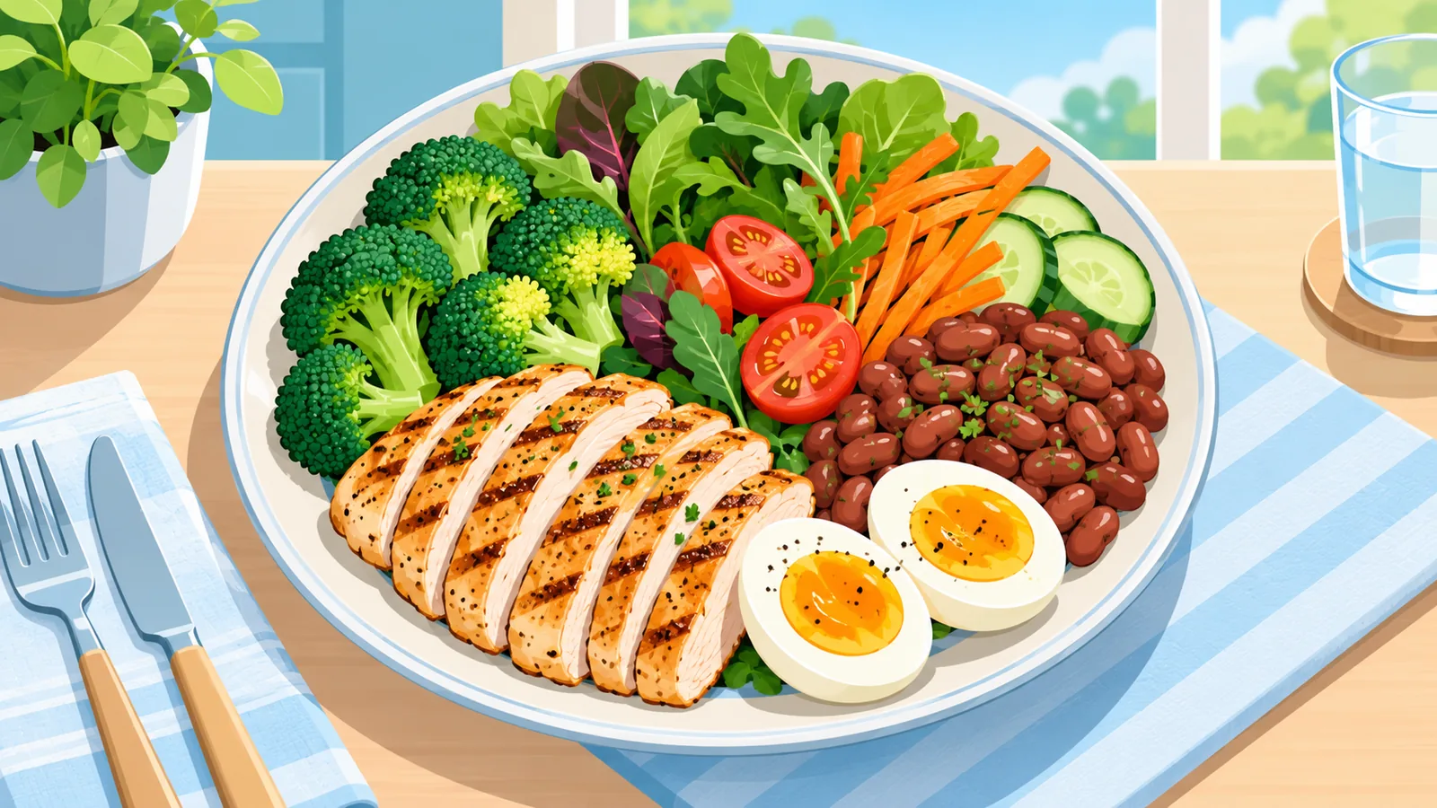 จานอาหารโปรตีนสูงที่มีไก่ย่าง ไข่ ถั่ว และผัก