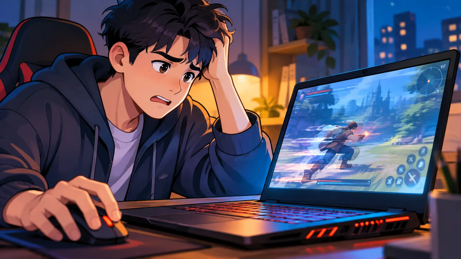 ผู้เล่นเกมนั่งมองโน้ตบุ๊กเกมมิ่งที่ภาพกระตุกด้วยสีหน้ากังวล