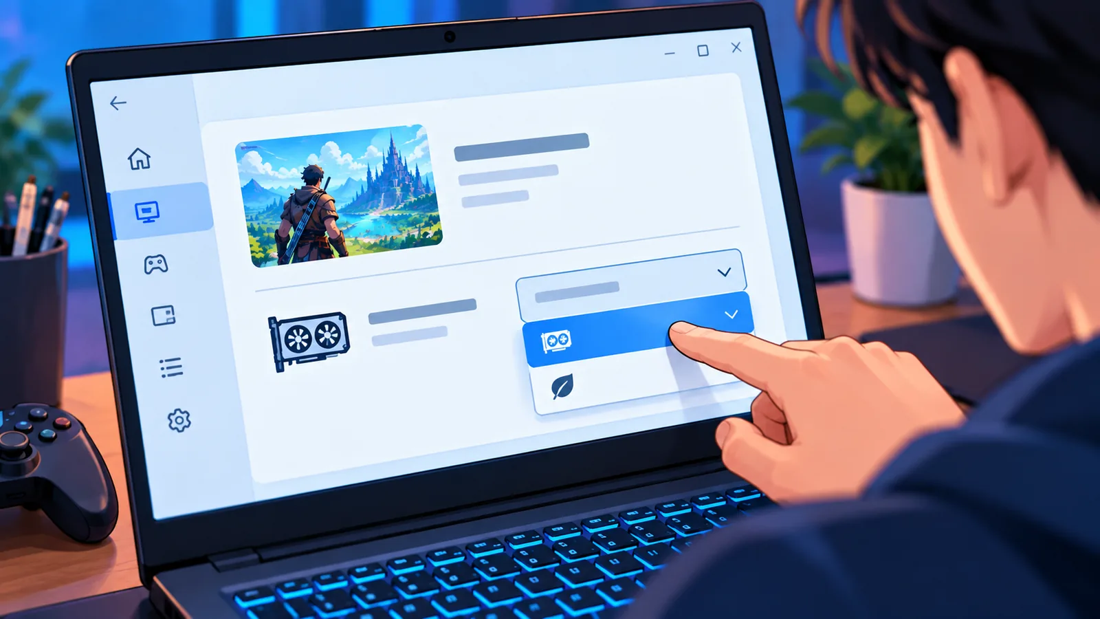 หน้าจอตั้งค่ากราฟิกที่เลือกให้เกมใช้การ์ดจอประสิทธิภาพสูง