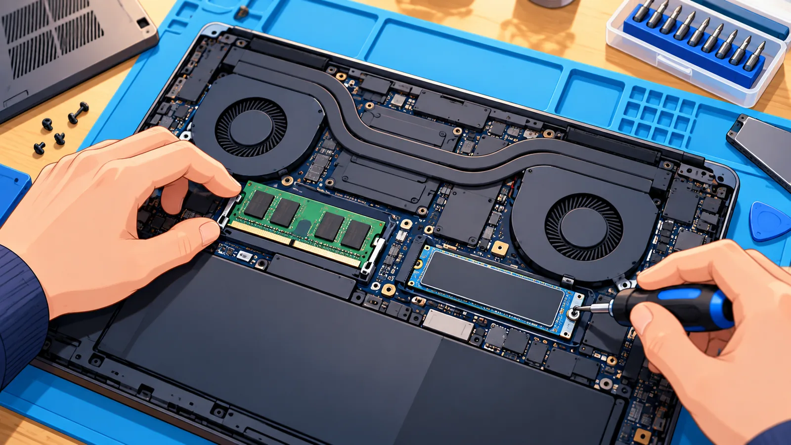 ฝาหลังโน้ตบุ๊กที่เปิดออกให้เห็นแรมและช่องเสียบ SSD