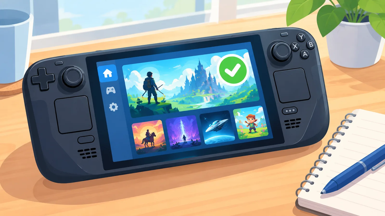 หน้าจอ Steam Deck แสดงหน้าร้านค้าเกมพร้อมป้ายเครื่องหมายถูกสีเขียว