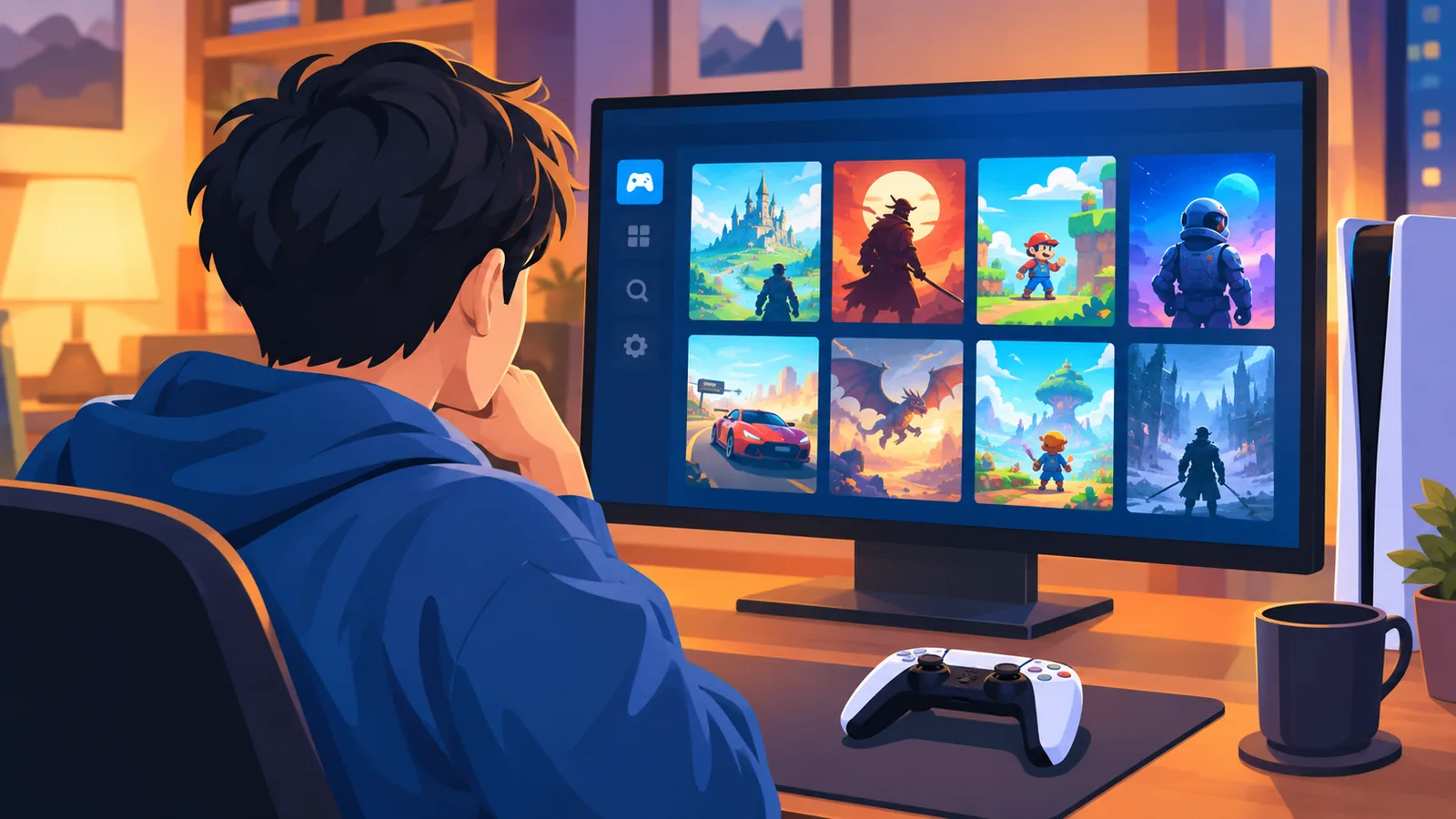 ผู้เล่นนั่งหน้าจอคอมพิวเตอร์ที่เปิดไลบรารีเกมบน Steam