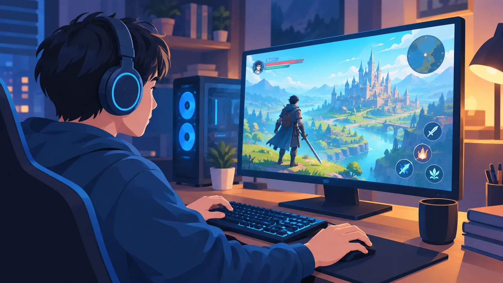ผู้เล่นสวมหูฟังเล่นเกมเนื้อเรื่องคนเดียวในห้องบรรยากาศอบอุ่น