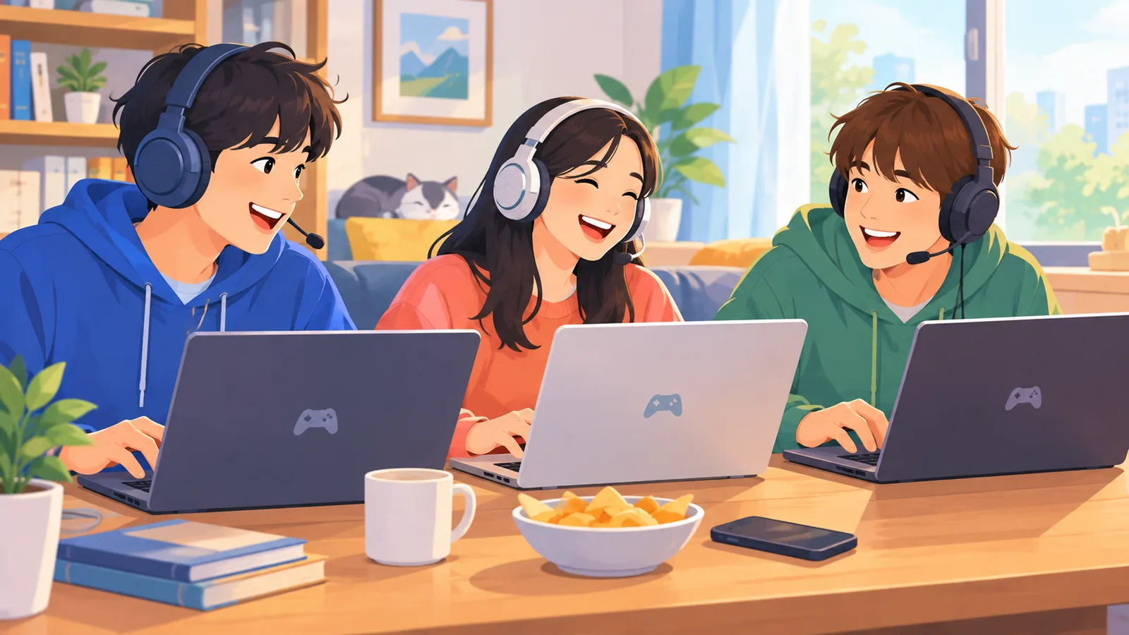 เพื่อนสามคนนั่งเล่นเกมโคออปด้วยกันที่โต๊ะ
