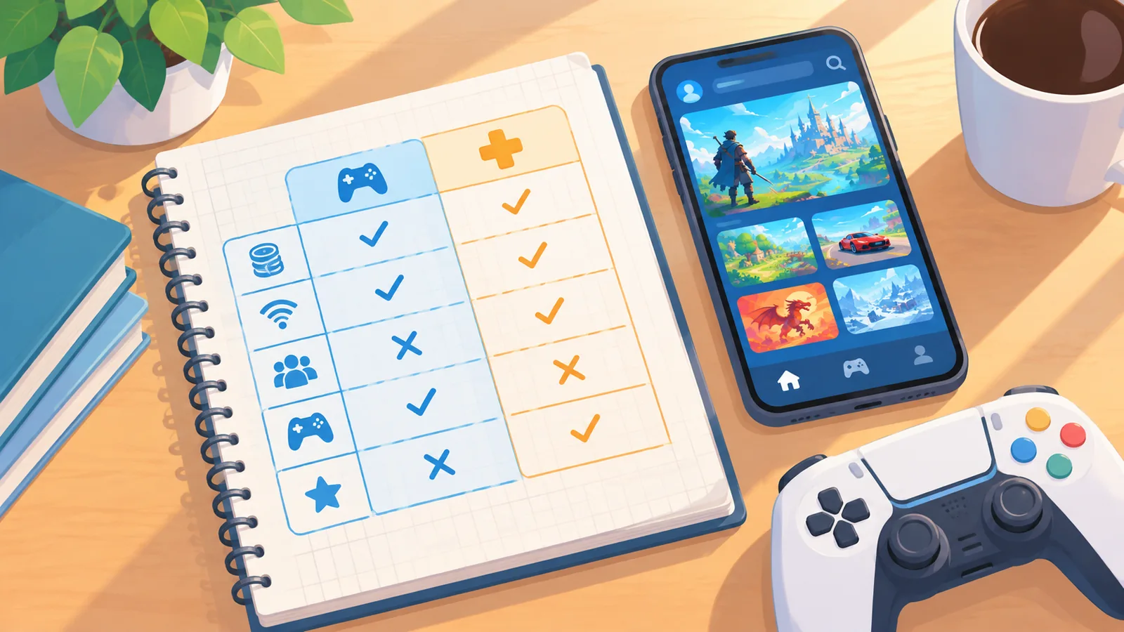 สมุดจดตารางเปรียบเทียบเกมวางคู่กับจอยเกมบนโต๊ะ
