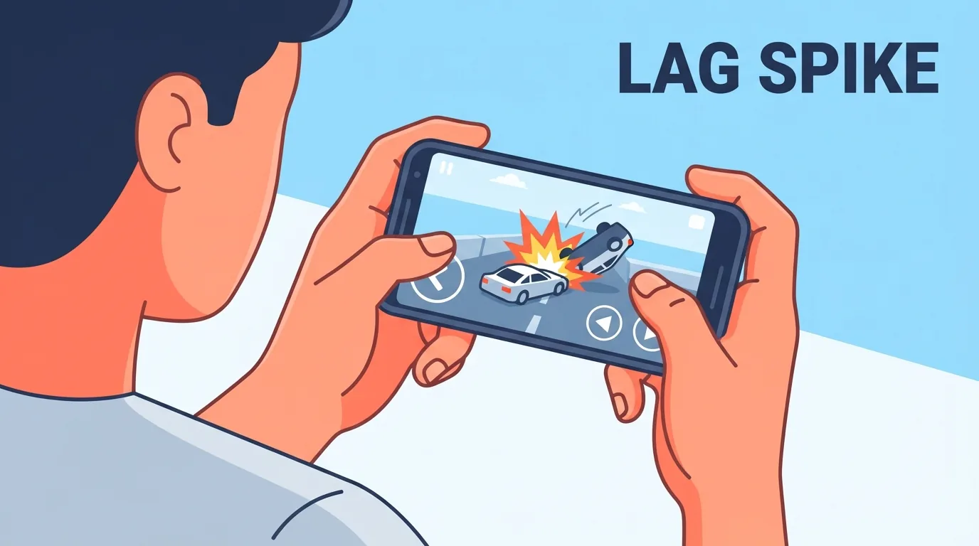 คนถือไอโฟนที่กำลังสตรีมเกม มีคอนโทรลเลอร์วางอยู่บนโต๊ะข้างกัน