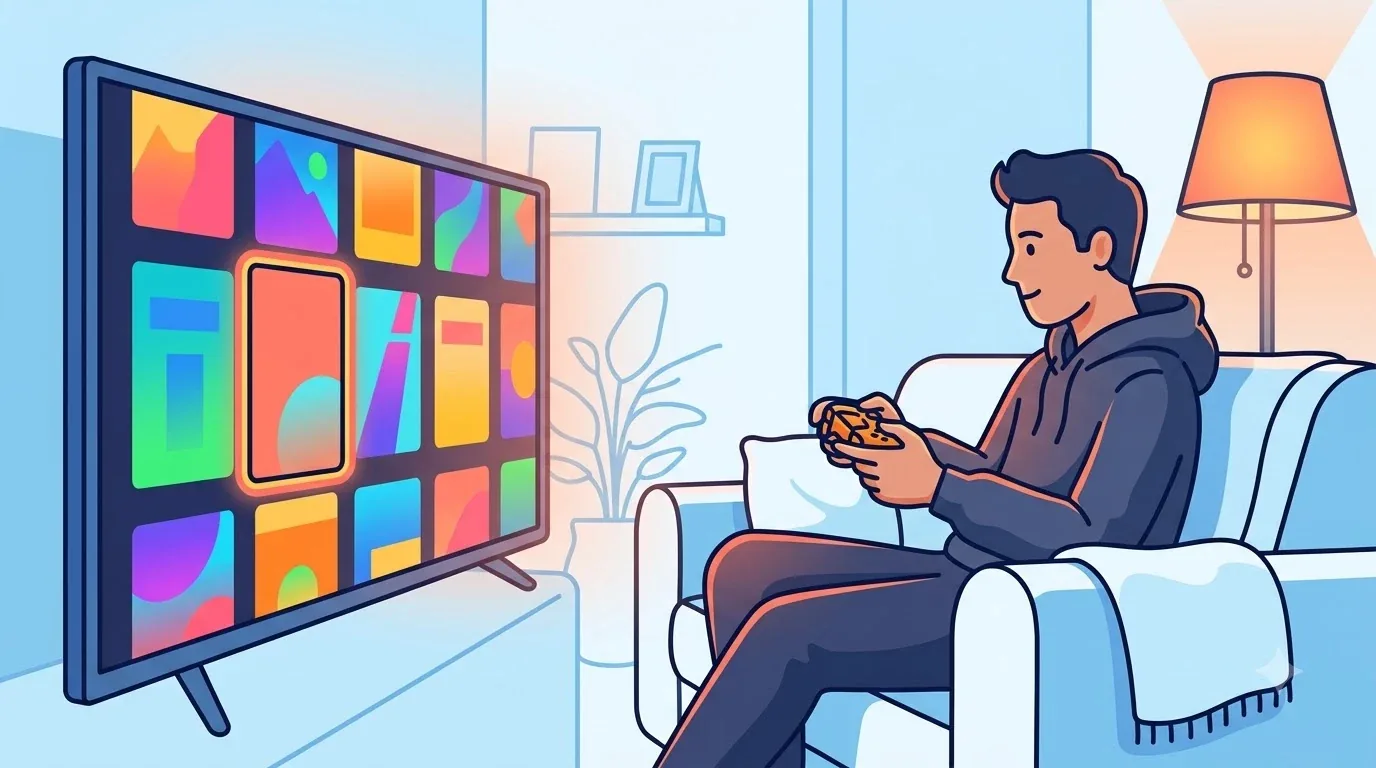 ผู้เล่นนั่งเลือกเกมบนหน้าจอทีวีผ่านคอนโซลในห้องนั่งเล่น