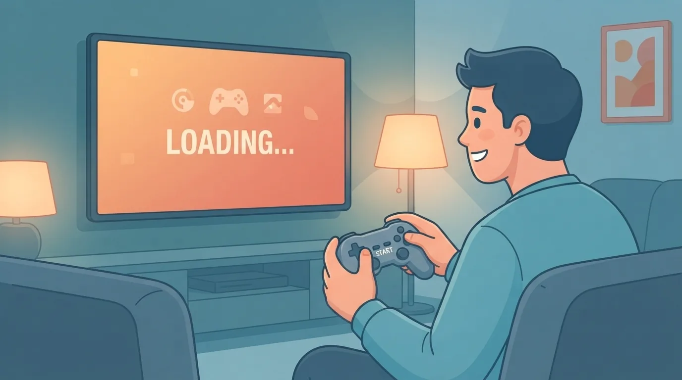 ผู้เล่นกดเริ่มเกมแรกบนทีวีด้วยรอยยิ้ม