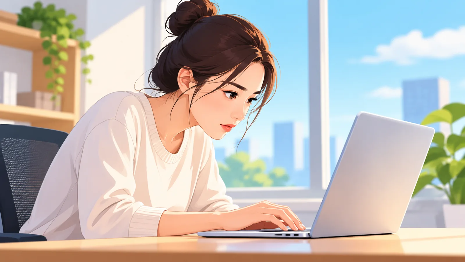 ผู้หญิงนั่งทำงานหน้าคอมพิวเตอร์ในท่าไหล่ห่อ