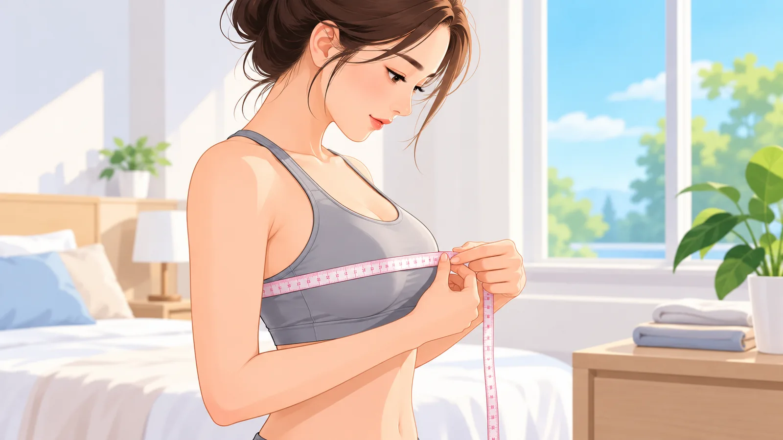 ผู้หญิงวัดรอบอกด้วยสายวัดเพื่อเลือกไซส์