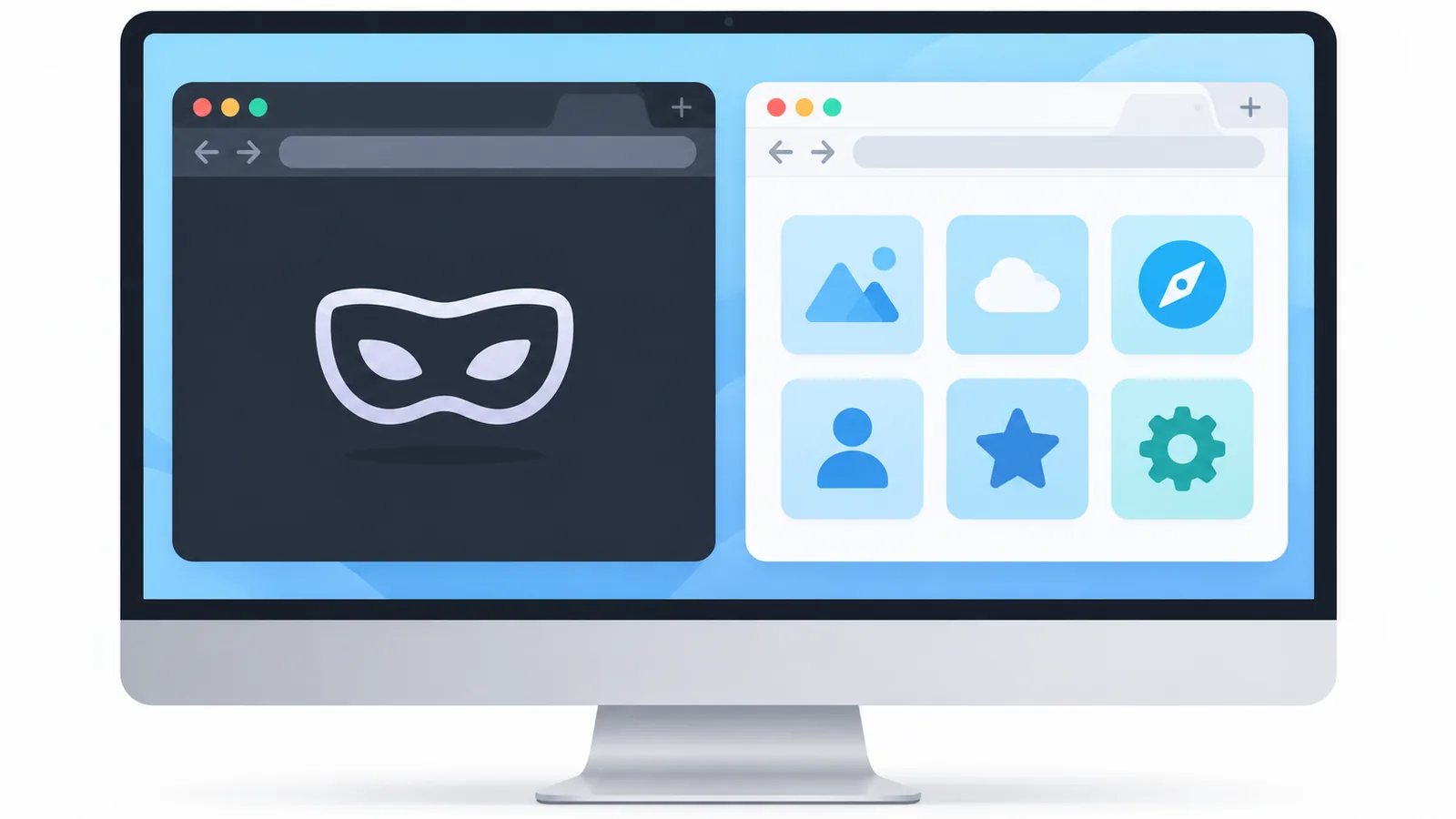 หน้าต่างส่วนตัวสีเข้มวางข้างหน้าต่างปกติของ Safari