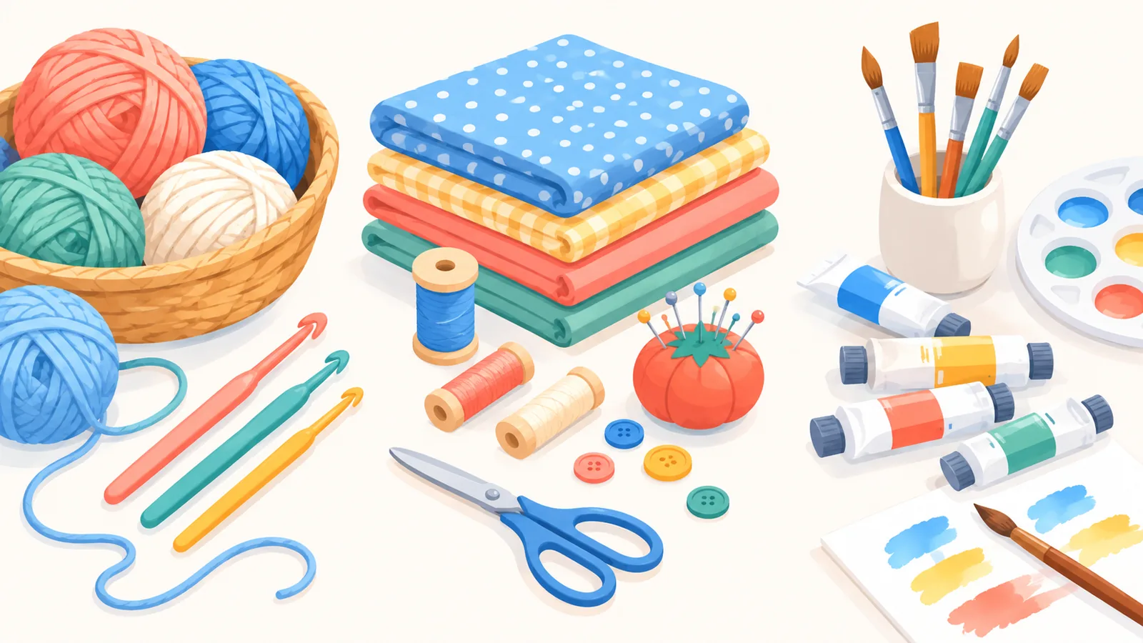 วัสดุงานฝีมือสามกลุ่ม ได้แก่ ไหมพรมและเข็มโครเชต์ ผ้าและอุปกรณ์เย็บ หลอดสีและพู่กัน