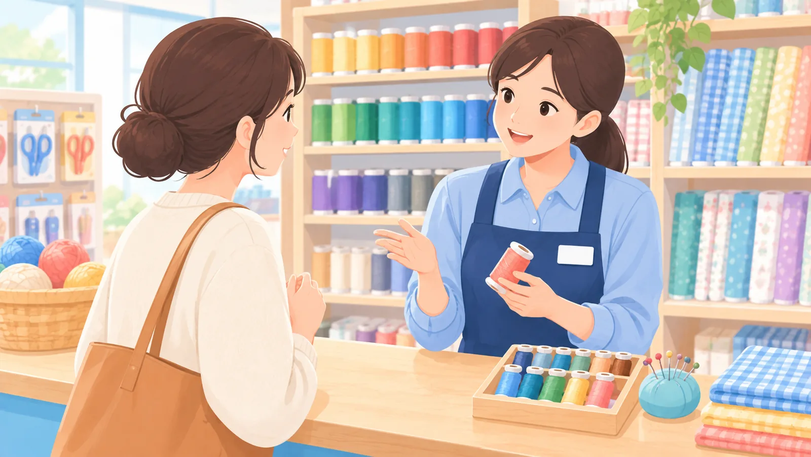 พนักงานร้านงานฝีมือตอบคำถามลูกค้าที่เคาน์เตอร์