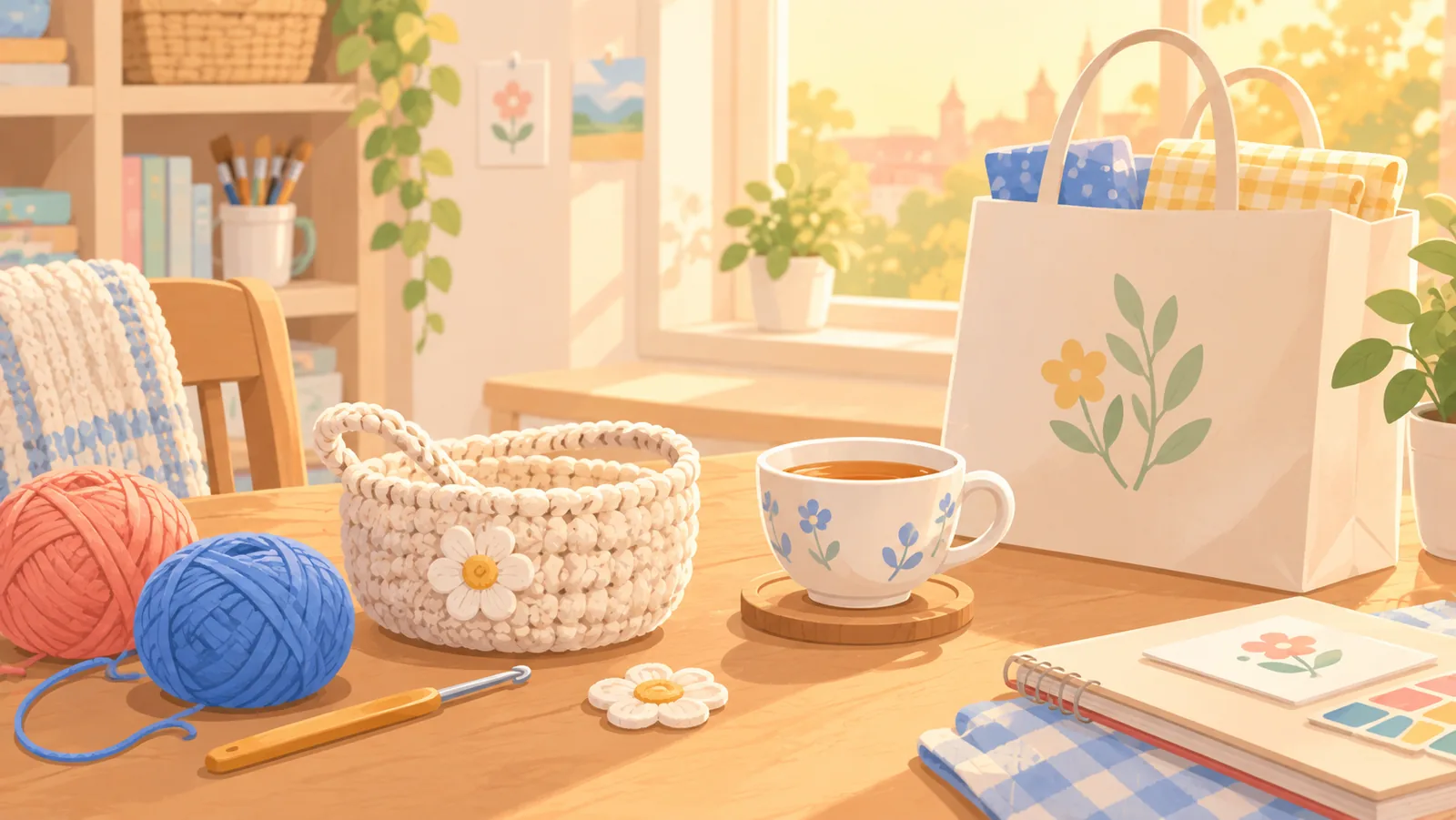 มุมงานฝีมือที่บ้านพร้อมผลงานชิ้นเล็ก ถ้วยชา และถุงช้อปปิ้ง