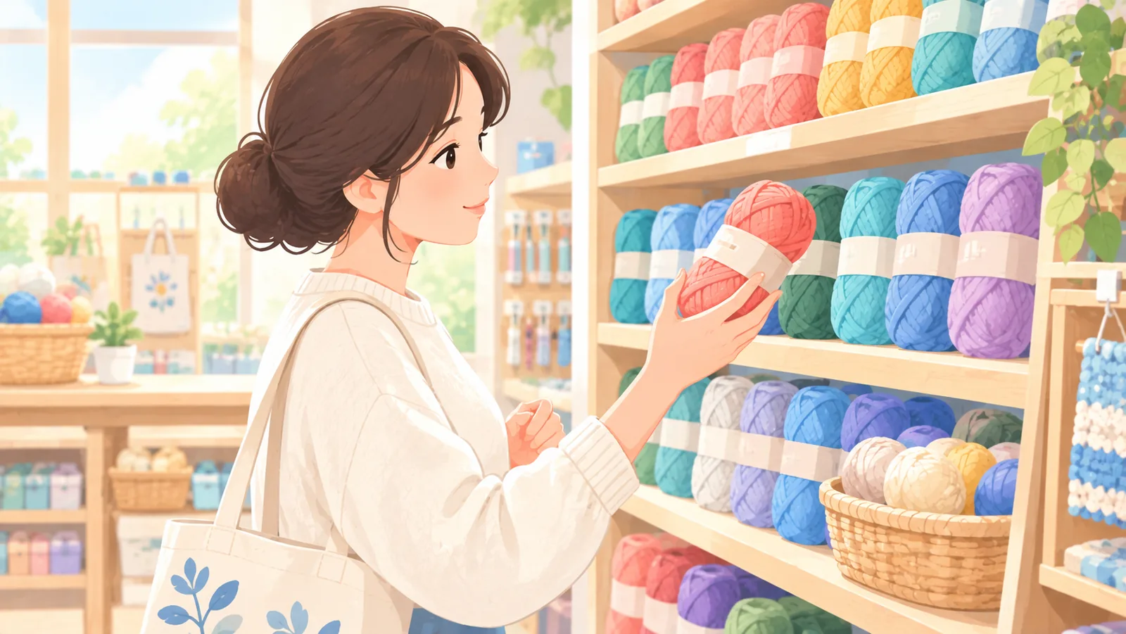 ผู้หญิงเลือกไหมพรมจากชั้นวางในร้านงานฝีมือ