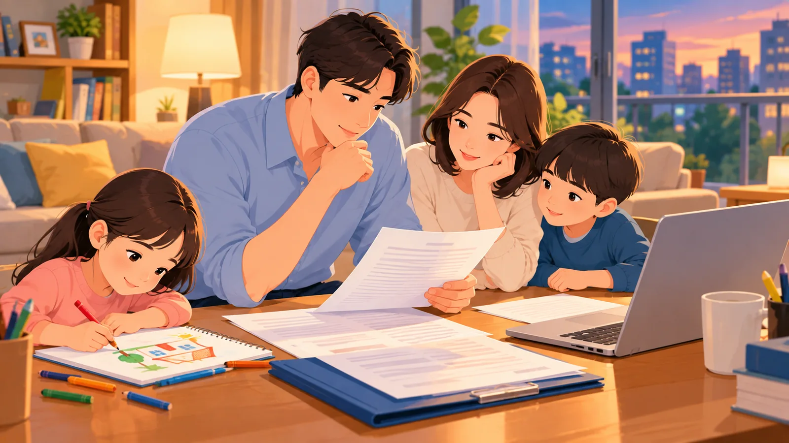 ครอบครัวนั่งปรึกษากันที่โต๊ะเพื่อวางแผนเรื่องพินัยกรรม