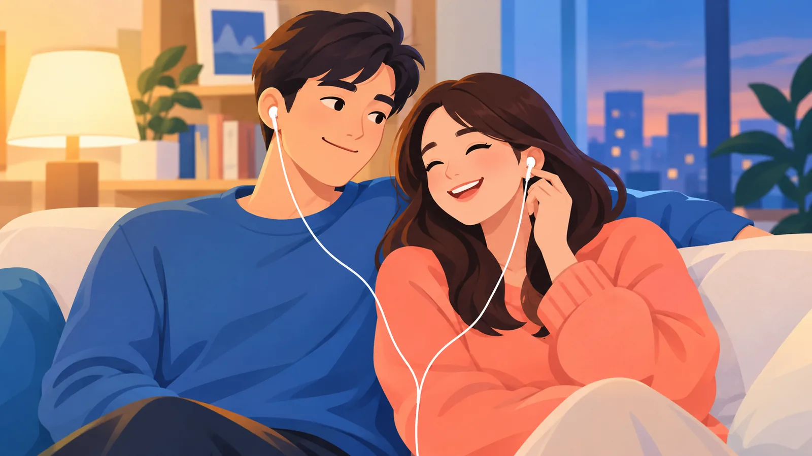 คู่รักนั่งฟังเพลงด้วยกันอย่างอบอุ่น